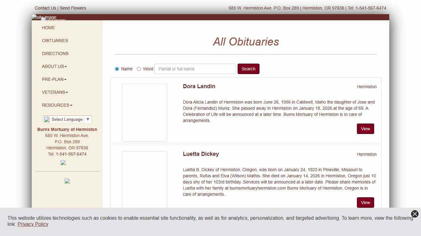 All Obituaries | Burns Mortuary of Hermiston | Hermiston, OR